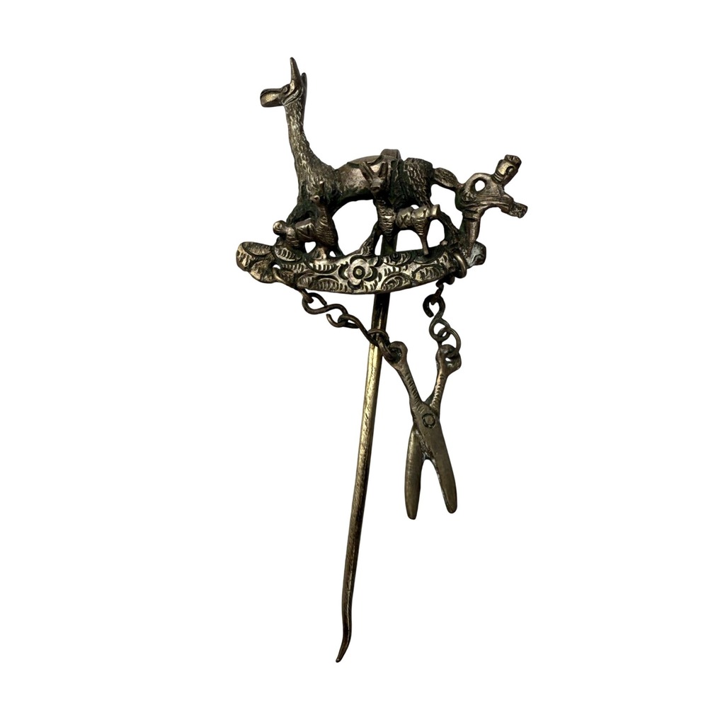 Vintage Andean Tupu Shawl Pin Brooch Llama‎ With Scissors Folk Art Peru Bolivia